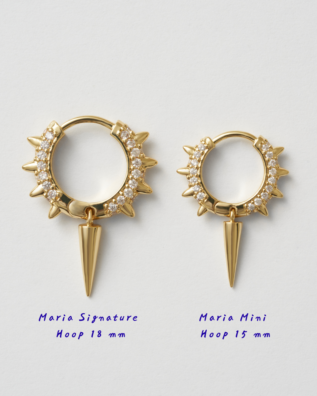 Storleksjämförelse små hoops 15 mm vs 18 mm, guldörhängen Maria Mini och Maria Signature
